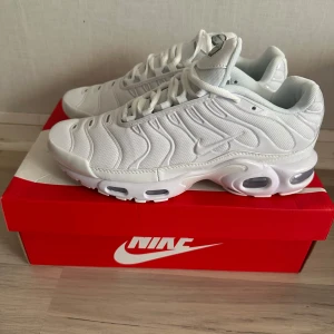 Nike Air Max Plus vita sneakers - Säljer ett par fräscha helvita Nike Air Max Plus sneakers med ikoniska vågiga detaljer och Tn Air-logga på hälen. Skorna har mesh- och syntetmaterial, synlig Air Max-dämpning och snörning. Perfekta för dig som gillar stilrena och sportiga vibes.