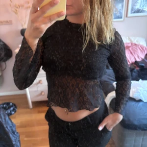Svart spetsblus med lång ärm - Säljer en svart, transparent spetsblus med lång ärm och hög hals. Blusen är croppad och har ett feminint, vågigt avslut nertill. Perfekt för dig som vill ha en snygg och trendig topp med lite edge.