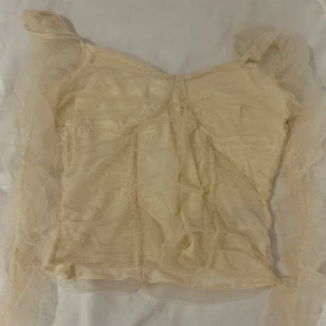 Beige mesh blus från H&M - Superfin beige meshblus från H&M med transparenta, puffiga långärmar och diskret prickigt mönster. Blusen har en figurnära passform och markerade sömmar framtill, magtröja (pris kan diskuteras!)