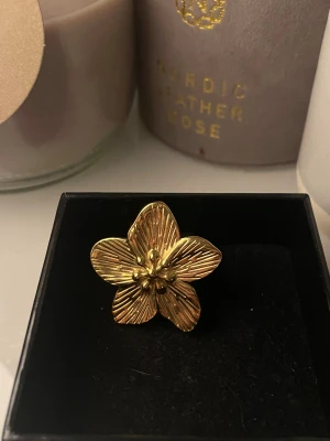 Guldig blomring med stor blomma - Unik ring i guldton med en stor, detaljerad blomma som motiv. Blomman har fem blad med tydliga linjer och små kulor i mitten för extra effekt. Perfekt statement piece för dig som vill sticka ut med din stil.