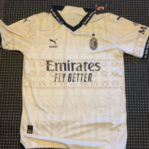 AC Milan bortatröja Puma 2023/24 - AC Milan bortatröja från Puma säsong 2023/24 i ljusbeige med subtilt mönster inspirerat av gotisk arkitektur. Svarta detaljer på krage och ärmslut, broderat klubbmärke och sponsortryck. Tillverkad i lätt, ventilerande funktionsmaterial.