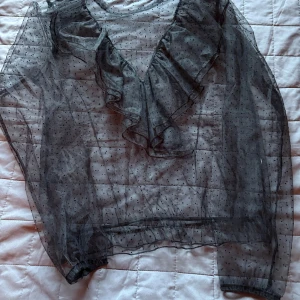 Svart meshblus med volang och prickar - Säljer en transparent svart meshblus med små svarta prickar och stora volanger framtill i v-ringad form. Blusen har långa ärmar och är riktigt luftig och lätt. Perfekt för dig som gillar statement-plagg med coola detaljer.