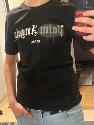 Svart Palm Angels t-shirt Paris S - Svart t-shirt från Palm Angels med klassisk rund hals och korta ärmar. Framsidan har ett stort Palm Angels Paris-tryck i vitt och grått med coolt spray-effekt och droppande detaljer. Materialet är mjuk bomull som sitter skönt mot kroppen.