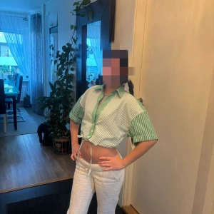 Grön och vit randig croppad skjorta - Snygg croppad skjorta med gröna och vita ränder, korta ärmar och knappar framtill. Skjortan har snörning i midjan för att justera passformen och en klassisk krage. Perfekt för dig som gillar en chill och trendig stil.