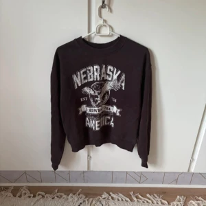 Svart Nebraska sweatshirt från H&M Divided - Cool svart sweatshirt från H&M Divided med tryck i vitt framtill där det står 'Nebraska America' och en örn. Tröjan har rund halsringning, långa ärmar och ribbade muddar vid hals, ärmslut och nederkant. Perfekt för en avslappnad stil.