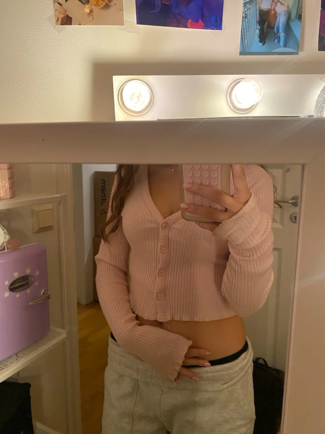 Ljusrosa croppad ribbad kofta - 2