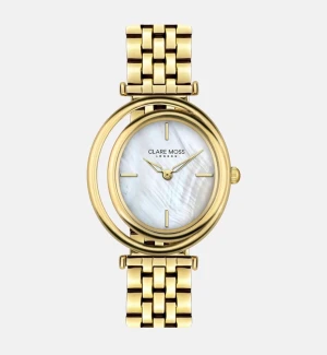 Clare Moss klocka  - Detta är en stilren klocka från Clare Moss med guld­färgat hölje, pärlemor­urtavla och japanskt urverk. Den har enfärgad design, viklås och levereras i en presentask med två extra armband. Klockan är vattentät till 3 ATM och tillverkad i rostfritt stål med mineralglas.  Mått: 3,4 cm i diameter, armband 11 cm, höjd 1,4 cm🥂 Fabriks ny, köp från oss och få 40% rabatt på ord pris!          ord pris. 2 392kr 
