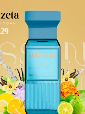 Olfazeta Luxury Extrait de Parfum - Olfazeta Luxury Extrait de Parfum kommer i en stilren, blå glasflaska med guldtext och matchande blått lock. Flaskan rymmer 50 ml och har en lyxig, modern design. Doften presenteras i en elegant svart förpackning med gulddetaljer.