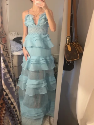 Ljusblå balklänning med volanger🩵 - Supersöt ljusblå balklänning med tunna axelband, djup v-ringning och flera lager volanger. Klänningen har virkade detaljer upptill och är delvis genomskinlig nedtill! Har några defekter längst ned på tyget (se bilder) Använd 1 gång🩵🩵