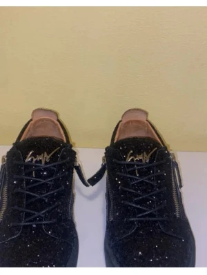 Svarta glittriga sneakers Giuseppe Zanotti - Säljer ett par svarta sneakers från Giuseppe Zanotti med glittrigt material och snygga silverfärgade dragkedjor på sidorna. Skorna har snörning och en platt sula, samt rund tå. Perfekta för dig som vill sticka ut med lite extra bling.