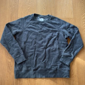 Mörkgrå sweatshirt från Champion - Mörkgrå sweatshirt från Champion med broderad logga på bröstet. Tröjan har rund hals, långa ärmar och ribbade muddar vid ärmslut och nederkant. Tillverkad i mjuk bomullsmix som är perfekt för chill eller häng. Klassisk och enkel stil som funkar året runt.