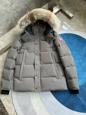 Canada Goose Wyndham GRÅ  - ALLA STORLEKAR OCH FÄRGER! PRIS KAN DISKUTERAS.                                                     Säljer en grå dunjacka från Canada Goose med stor fluffig päls på huvan och klassisk logga på ärmen. Jackan har långa ärmar, dragkedja och knappar framtill samt två stora fickor. Perfekt för kalla vinterdagar och riktigt snygg till streetwear.