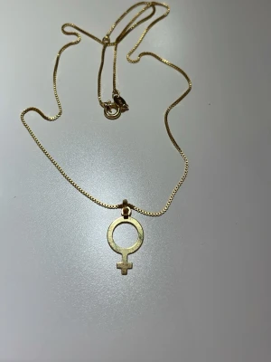 Guldfärgat silver halsband med kvinnosymbol hänge - Halsband med ett kvinnosymbol hänge i guldfärgat silver. Från Guldfynd, halsbandet har stämpel GHA 925 vilket betyder silver. 