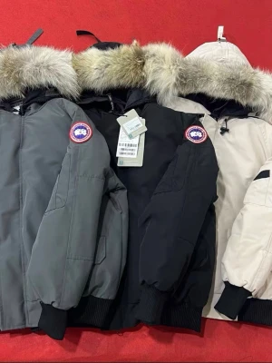 Grå Canada Goose dunjacka med pälskant - Säljer en grå dunjacka från Canada Goose med fluffig pälskant på huvan och ribbade muddar. Jackan har dragkedja, flera fickor och klassisk patch på ärmen. Insidan är svart och jackan är perfekt för kalla dagar. Shipping around end of January. Now on vacation. You can made reservations.