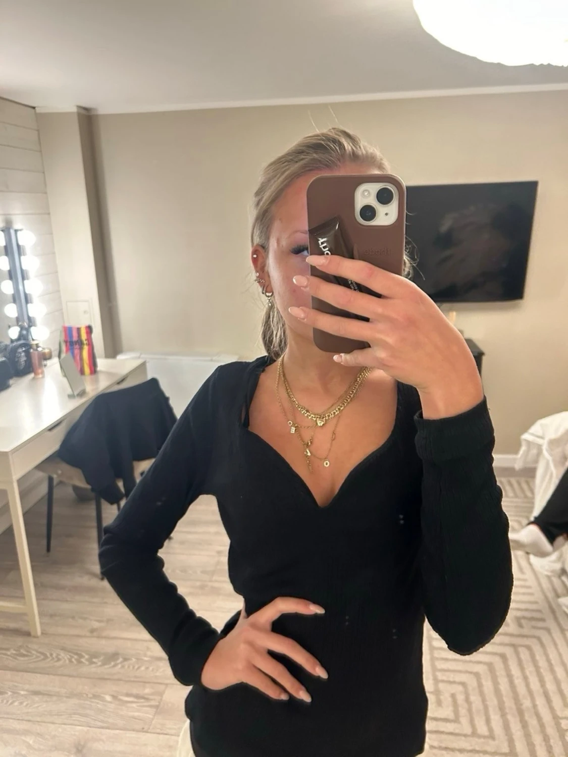 Svart ribbad långärmad topp - 4