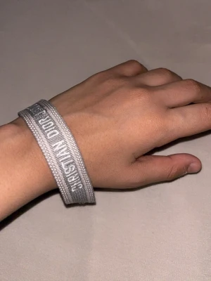 Grått Christian Dior tygarmband - Säljer ett snyggt grått tygarmband från Christian Dior med broderad logga och tofsar i ändarna. Armbandet har en justerbar knytning och är perfekt för dig som gillar trendiga accessoarer med exklusiv känsla.