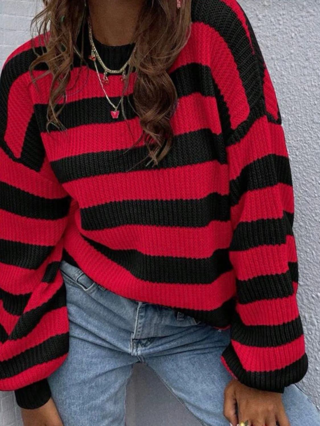 Randig röd och svart stickad tröja - 4