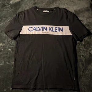 Svart Calvin Klein t-shirt med logga - Svart t-shirt från Calvin Klein i bomull med klassisk passform. Stor vit panel över bröstet med blå Calvin Klein New York-logga. Rund halsringning och korta ärmar. Perfekt för en clean och stilren look.