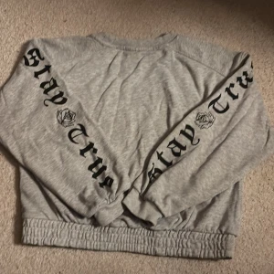 Grå sweatshirt med tryck på ärmarna - Grå sweatshirt med svart texten 'Stay True' och rosor tryckta längs båda ärmarna. Tröjan har resår i midjan och vid ärmsluten har en lite fläk på baksidan på ärmen inget men tänker på när man har på sig den