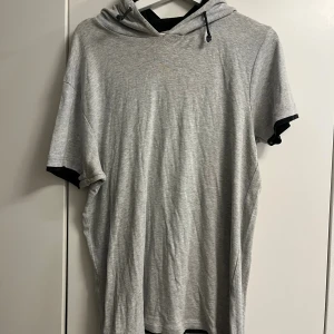 Grå hoodie-t-shirt från Ewisecoach XL - Säljer en grå t-shirt med huva från Ewisecoach i storlek XL. T-shirten har korta ärmar, svarta detaljer på huvan och är tillverkad i mjuk bomull. Perfekt för en avslappnad och chill stil.