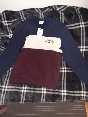 Champion crewneck i blått och vinrött - Snygg crewneck från Champion i färgblock med marinblå, beige och vinröd. Klassisk logga på bröstet och rund hals. Långärmad och i mjuk bomull, perfekt för chill dagar. Standard fit och riktigt skön att bära. Helt oanvänd nyligen köpt storlek M. Säljes eftersom att den ej är i min stil, ej går att lämna tillbaka och jag behöver pengar akut 