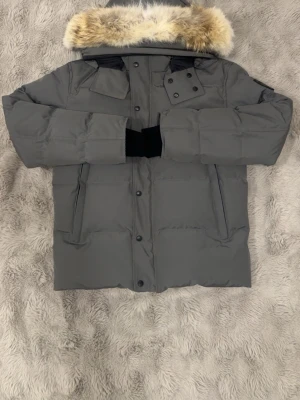 Grå dunjacka från Canada Goose M - Säljer en grå dunjacka från Canada Goose i storlek M. Jackan har en stor huva med avtagbar fuskpäls, flera fickor och svarta muddar vid ärmsluten. Perfekt för kalla dagar med sin tjocka vaddering och klassiska look.