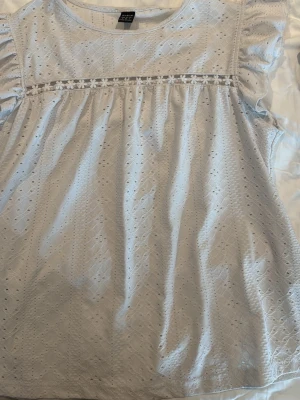 Ljusblå blus med spetsdetaljer - Söt ljusblå blus från SHEIN med broderade hålmönster och volangärmar. Blusen har en fin spetsdetalj med små blommor över bröstet och rund halsringning. Perfekt för vår och sommar!