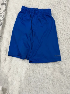 Blå träningsshorts från SOC - Säljer ett par blå träningsshorts från SOC med elastisk midja. Shortsen är gjorda i lätt och smidigt syntetmaterial, perfekta för sport och aktivitet. Diskret logga på benet och enkel design som funkar till gymmet eller utomhusträning.