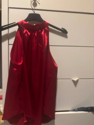 Röd ärmlös satin topp - Snygg röd klänning i glansigt satinmaterial med hög hals och ärmlös design. Klänningen har en kortare längd och ett enkelt, stilrent snitt som ger en cool och modern vibe. Perfekt för dig som vill sticka ut med färg och glans.