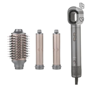 Multifunktionell hårstyler med tillbehör - Snygg och modern hårstyler med flera utbytbara tillbehör för styling, inklusive borste och locktillbehör. Produkten ser ut att vara i mycket gott skick utan synligt slitage eller defekter. Perfekt för att skapa olika frisyrer hemma. Bifogar bild vid intresse! 