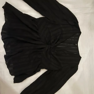 Svart randig blus med en knut framtill - Säljer en svart blus  med tunna glittriga ränder och snygg knytning framtill. Blusen har långärmade, lätt transparenta ärmar och en v-ringad hals. Materialet är mjukt och luftigt, perfekt för att lyfta din outfit.