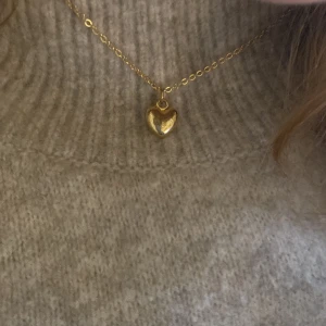 Guldigt halsband med hjärthänge - Snyggt halsband i guldton med ett litet hjärta som hänge. Kedjan är tunn och stilren, och hjärtat har en mjukt rundad form som ger en gullig vibe. Perfekt för dig som gillar enkla men fina detaljer. Ingen synlig märkning på smycket. Är dock lite rostig på hjärtat. Men ändå acceptabel.