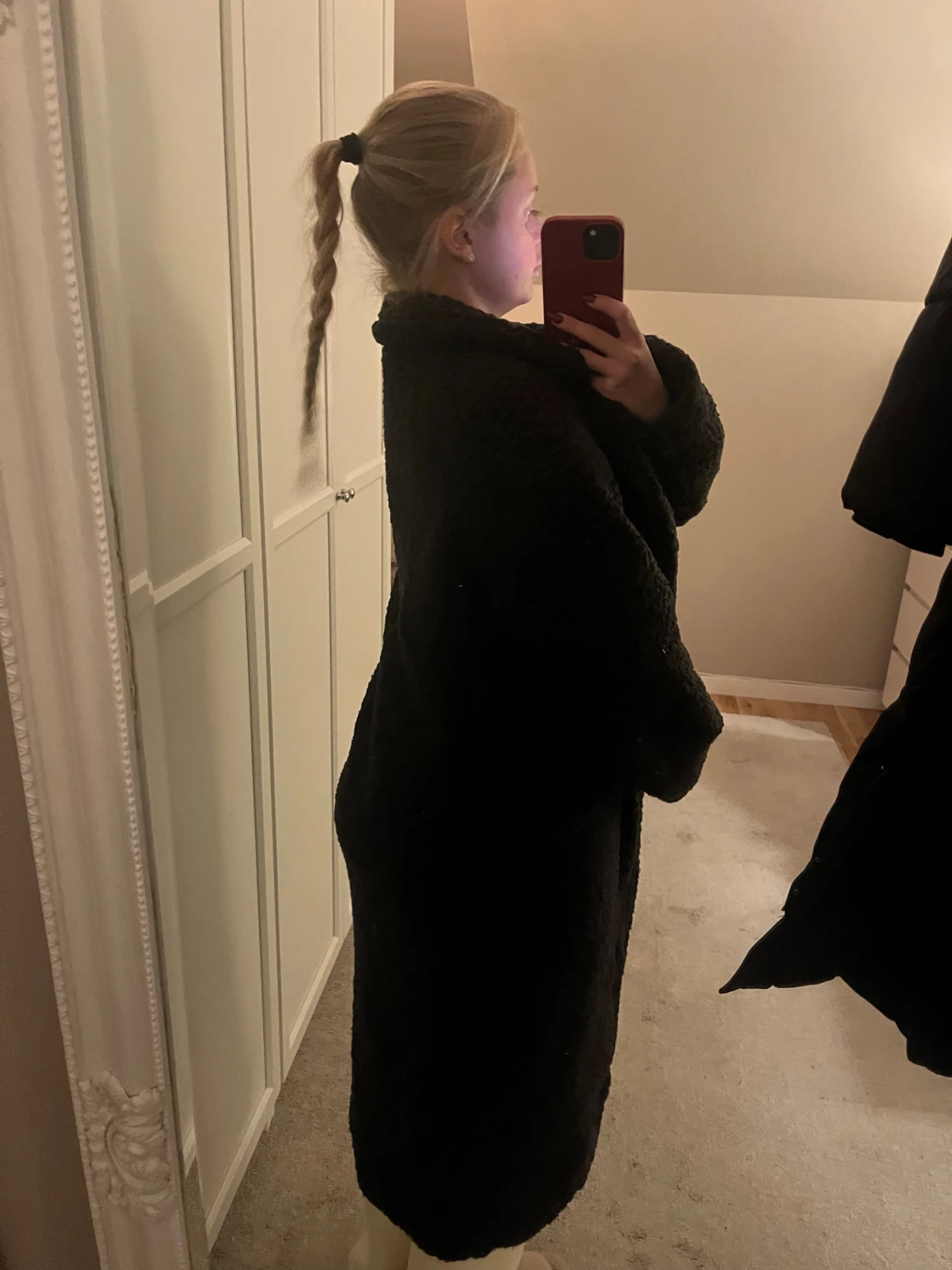 Svart lång teddyjacka med krage - 1