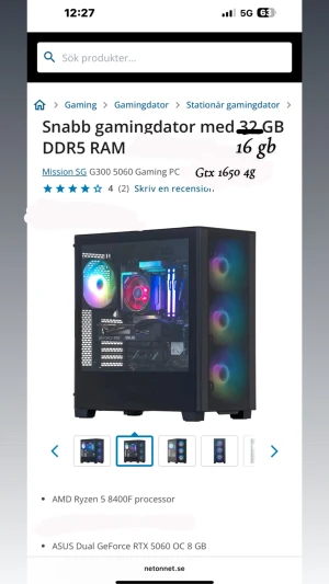  Gaming PC - Kraftfull gamingdator med AMD Ryzen 5 8400F processor, 16 GB DDR5 RAM och ASUS Dual GeForce gtx 1650 OC 8 GB. Snygg RGB-belysning och glasfönster. Perfekt för gaming och krävande uppgifter. Gott skick, inga synliga defekter.