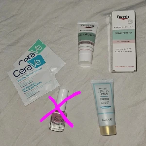 Gulligt kit med skönhetsvård - Ett kit med massor av skönhetsprodukter. Ett oanvänt rosa nagellack från 7day, två styckna cleansers från cera ve (oanvända), en triple effect cleansing gel från Eucerin (oanvänt) och en handkräm från Mary Kay (endast testad två gånger). Köpta på lite olika ställen, men får ingen användning för de. (Nagellacket är köpt!)