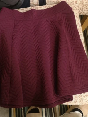 Vinröd quiltad kjol från H&M Divided - Säljer en vinröd kortkjol från H&M Divided i quiltad stil med snyggt sicksackmönster. Kjolen har dragkedja i sidan och är gjord i ett mjukt material med lite stretch. Perfekt för dig som vill ha en statement piece i garderoben!