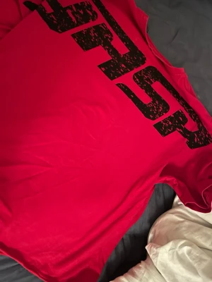 Röd t-shirt från Gasp med tryck - Säljer en röd t-shirt från Gasp i storlek M. T-shirten har ett stort svart tryck längs framsidan och en rund halsringning. Materialet är mjuk bomull och modellen är klassiskt kortärmad med normal passform. Perfekt för dig som gillar sportiga och snygga plagg.