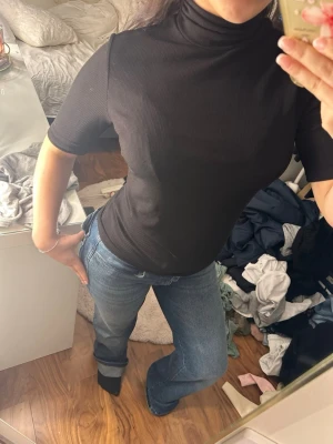 Svart ribbad polotopp - Säljer en svart polotopp med ribbad struktur och korta ärmar. Toppen har en hög krage och är figurnära i passformen, vilket ger en snygg och modern siluett. Den är väldigt tunn