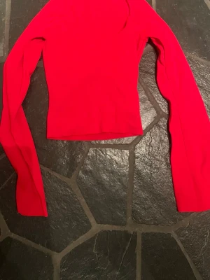 Röd långärmad croppad topp - Snygg röd croppad topp med långa ärmar. Enkel och stilren design som passar perfekt till jeans eller kjol. Mjuk och stretchig känsla för en bekväm passform. Använd 1 gång . Jättefin till jul . 