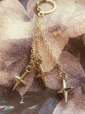 Silvrigt örhänge med stjärnhängen - Säljer ett coolt örhänge i silverfärgad metall med tre hängande kedjor, var och en med en stjärnformad berlock. Örhänget har en modern och edgy vibe, perfekt för dig som gillar statement-accessoarer. Passar till många olika stilar och outfits.