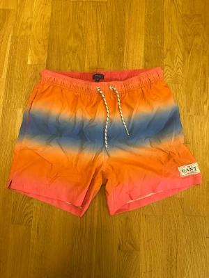 Färgglada badbyxor från GANT - Säljer ett par snygga badbyxor från GANT med färgskiftning i orange, blått och rosa. De har vit dragsko i midjan och en patch med GANT-loggan på benet. Perfekta för stranden eller poolen, riktigt sköna och trendiga.