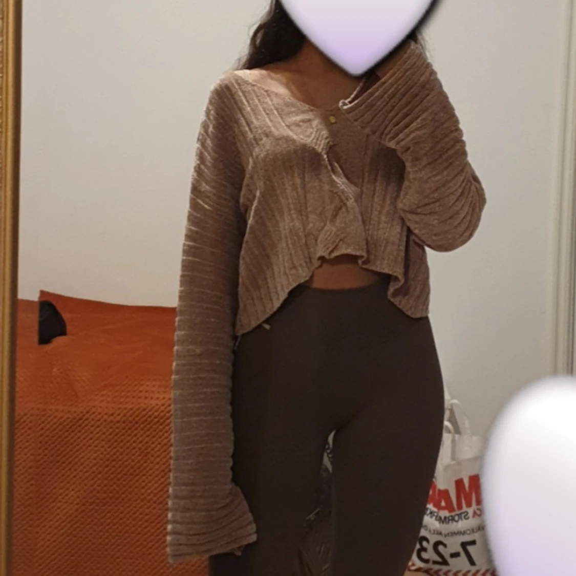 Beige ribbad croppad kofta - 1