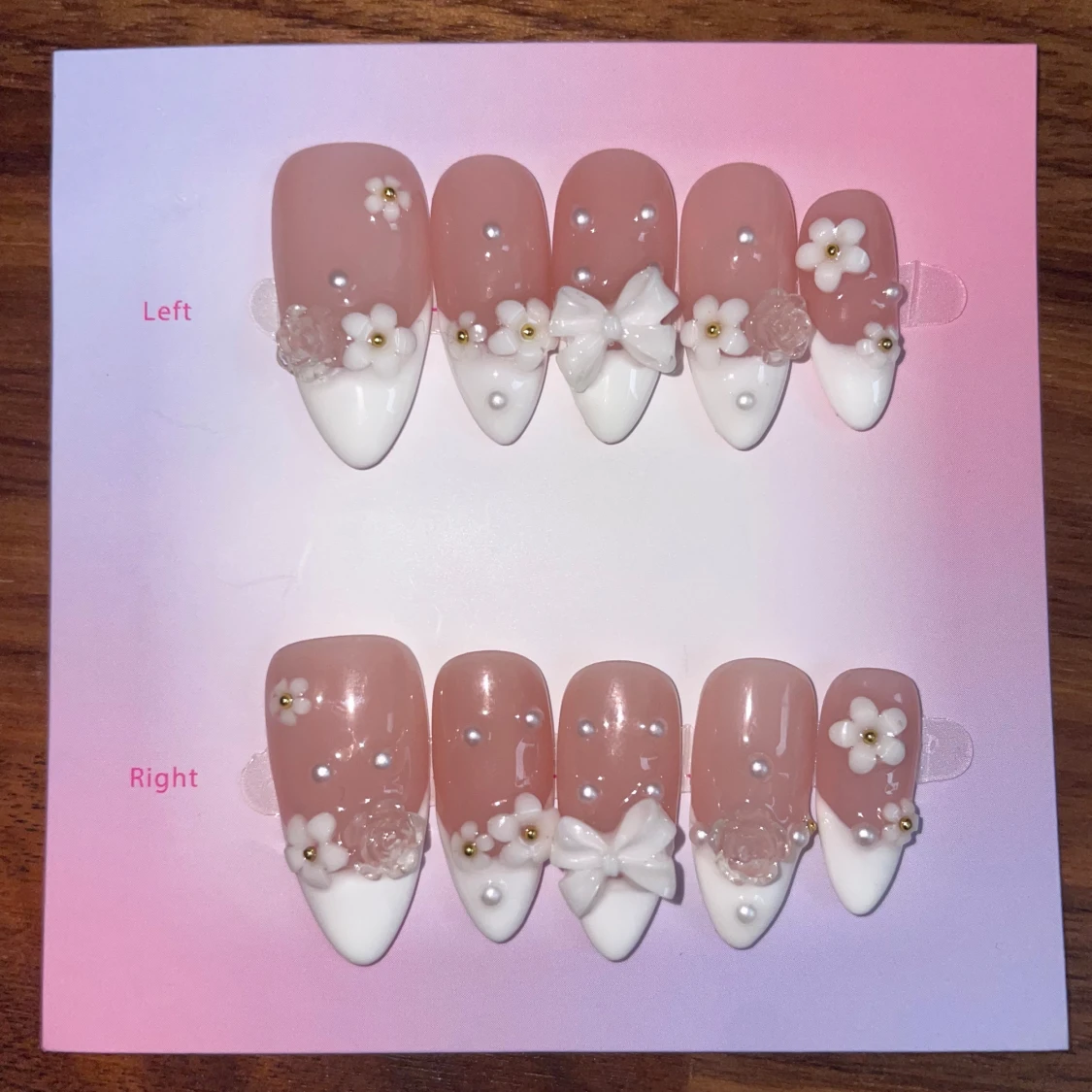 S - Press-on naglar med 3D blommor & pärlor - 3