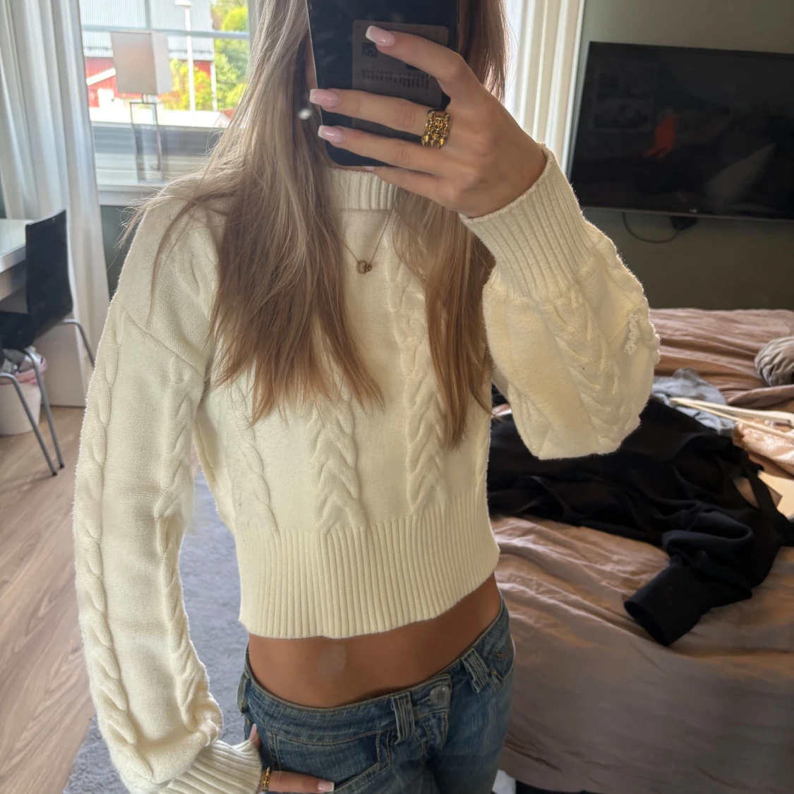 Vit croppad stickad tröja - 1