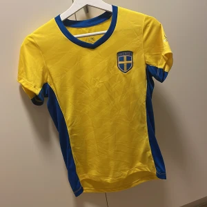 Sverige fotbollströja gul-blå SDC - Gul och blå fotbollströja från SDC med Sveriges landslagsemblem på bröstet. Tröjan har korta ärmar, blå detaljer vid krage och sidor samt är tillverkad i ett lätt och sportigt material som passar perfekt till match eller träning.