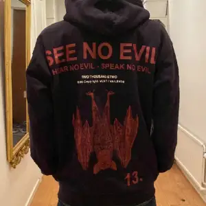 Säljer en svart hoodie med tryck 'SEE NO EVIL' i rött på både fram- och baksidan. På baksidan finns även en stor bild av en fladdermus och texten 'HEAR NO EVIL, SPEAK NO EVIL'. Hoodien har en normal passform och är perfekt för höst och vinter. Den är i bra skick och väldigt bekväm att ha på sig.