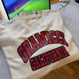 Säljer en snygg beige sweatshirt från Gramicci med röd och svart text på framsidan som säger 'Gramicci California'. Tröjan är i bra skick och har en normal passform. Perfekt för höst och vinter, och den är gjord av bomull vilket gör den både bekväm och varm. Den har långa ärmar och en rund halsringning.