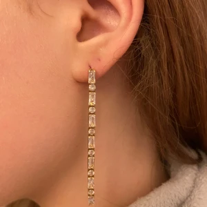 Långa elegant örhängen med kristaller och guld - Långa eleganta örhängen som passar perfekt för fest. Guldfärgade