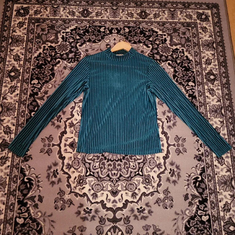 Säljer denna långärmade tröjan i fin blå, turkos färg. Den är i sammetmaterial o köpt från Monki. I storlek 165, men passar en XS/S💙. Tröjor & Koftor.