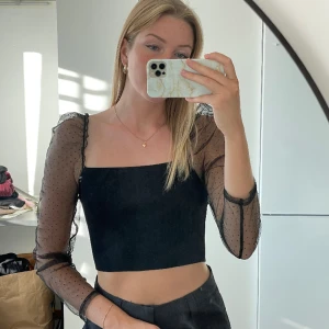 Fest topp - Köpt här på plick och användes nån gång men den är för kort i ärmarna på mig :( (177) Ribbstickad med mesh ärmar som har lite extra volym på axlarna, från zara